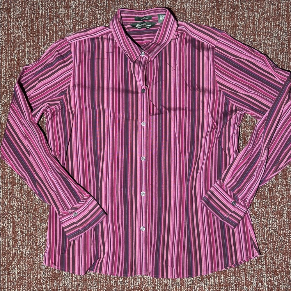 Eddie Bauer berry‎ multi stripe button down  collared shirt fitted monochrome
